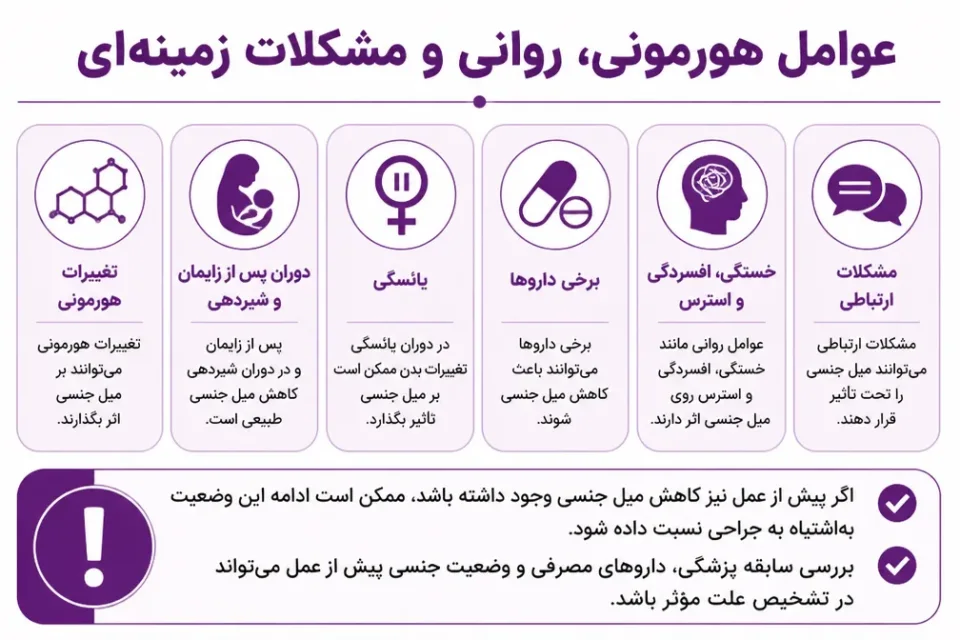 نمای توضیحی درباره عوامل هورمونی، روانی و مشکلات زمینهای